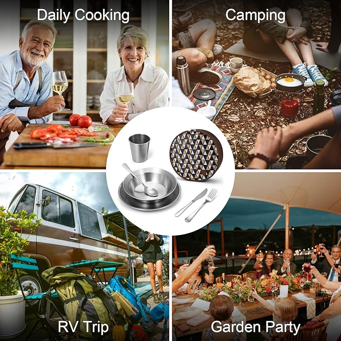 Odoland Camping Complete Messware Kit, Polished Stainless Steel Camp Dinnerware, Camping Cooking Tableware, Cutlery Organizer Utensil with Plates and Bowls Set for Backpacking, Hiking, Picnic