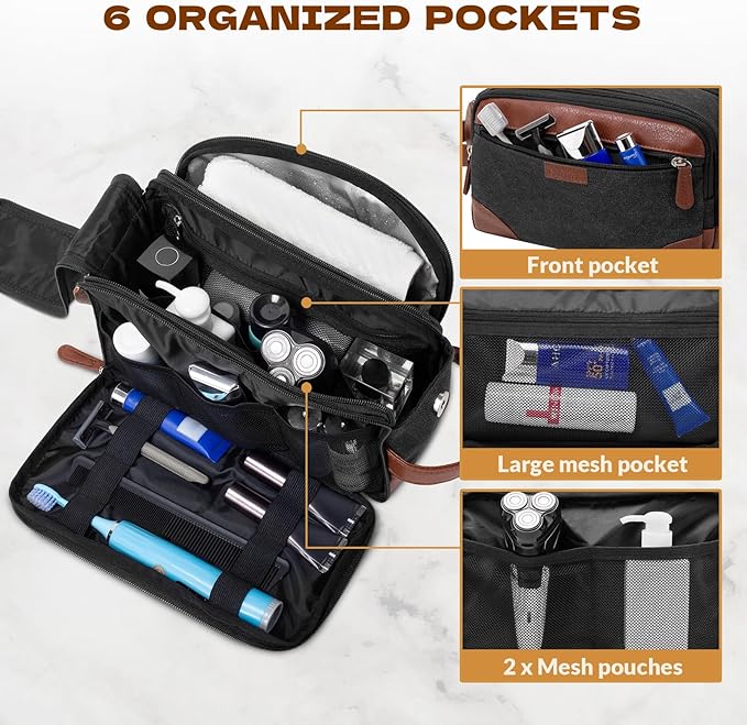 Travel Toiletry Bag for Men - Canvas Toiletries Bag with Multiple Pockets Large Hanging Dopp Kit Travel Bag for Toiletries Essentials Accessories - Dark Grey