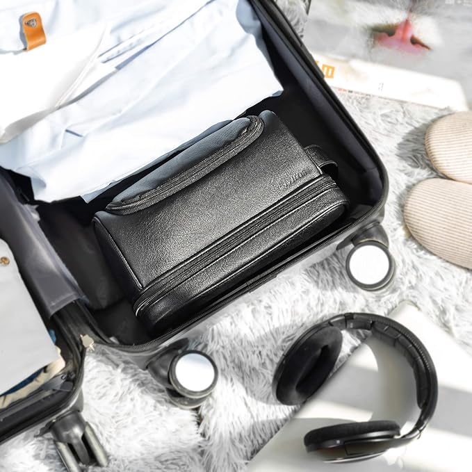 Elviros Toiletry Bag for Mens PU Leather Travel Organizer Kit with Hanging hook, Large Water-resistant Toiletries Bathroom Shaving Bags(Extra Large, Black)