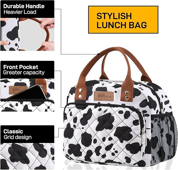 Buringer HOMESPON Lunch Bag for Woman Man Adults with Front Pocket Insulated Lunch Tote Lunch Box Container for Work Picnic or Travel（Cow with Side Pockets）