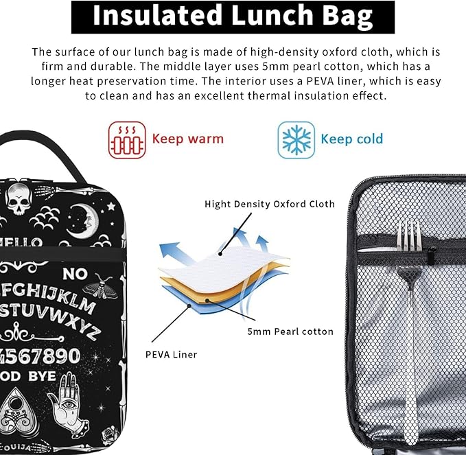 Ouija Board Skull Astrology Insulated Lunch Bag Reusable Cooler Lunch Box Portable Leakproof Thermal Container Tote Bags for Girls Boys School Travel