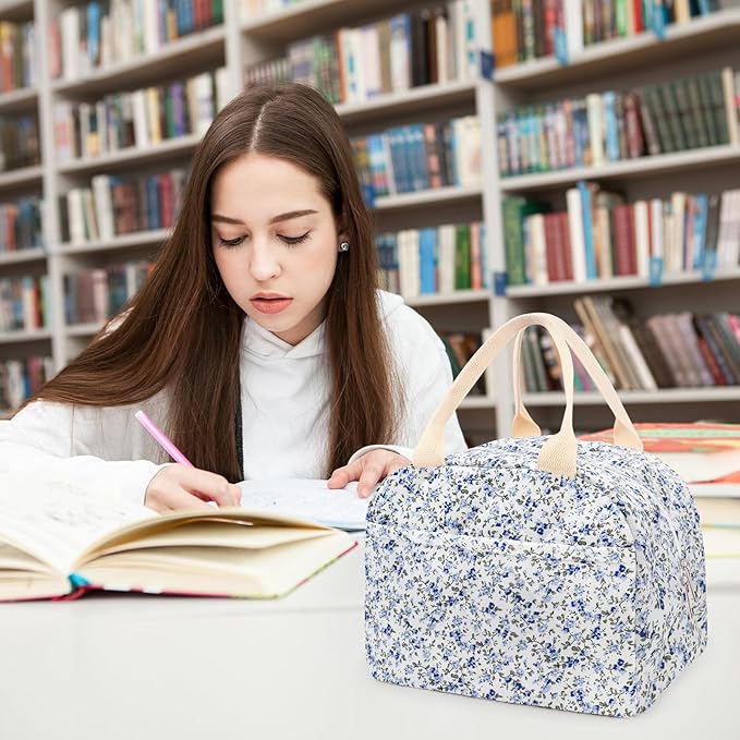 Cotton Quilted Insulated Lunch Bag, Cute Quilted Floral Lunch Tote Bags Reusable Insulated Lunch Box Coquette Aesthetic Large Capacity Insulated Cooler for Women Men Work Travel Picnic (Dark Blue)
