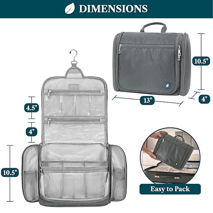 PAVILIA Large Hanging Toiletry Bag Travel Bag Women Men, Cosmetic Organizer, Water Resistant Makeup Bag Accessories Toiletries, Travel Essentials Kit, Grey