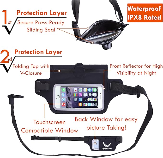 Ultimate Black Waterproof Running & Swimming Belt - Essentials Holder for Gym, Beach, Kayaking, Ski - Fits iPhone, Samsung - Touchscreen IPX8 Dry Waist Bag Pouch - Adventure-Ready Performance