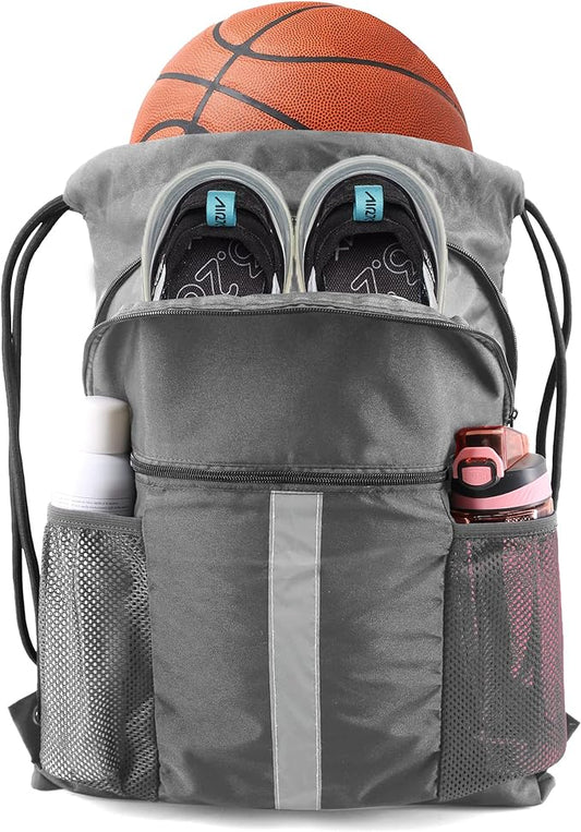 BeeGreen Drawstring Backpack Bag with Shoe Compartment, X-Large Black Gym Sports String Cinch Backpack