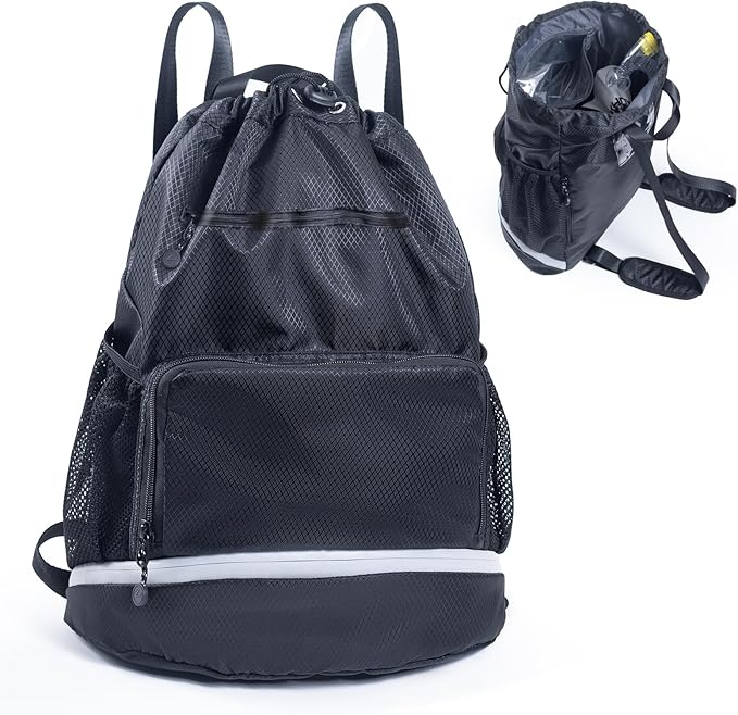 Swim Beach Gym Backpack - Drawstring with Shoes Compartment and Waterproof Pocket for Gym Accessories, Swim Essentials - Kids Mens Beach Workout Bag