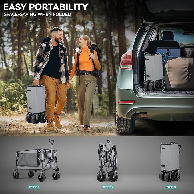 YITAHOME 300Lbs Large Collapsible Foldable Wagon, Heavy Duty Beach Wagon Cart Utility Wagon with 3.2in Wide All Terrain Wheels, Side Pocket, Cup Holder, Mesh Cover for Sports, Shopping, Camping - Gray