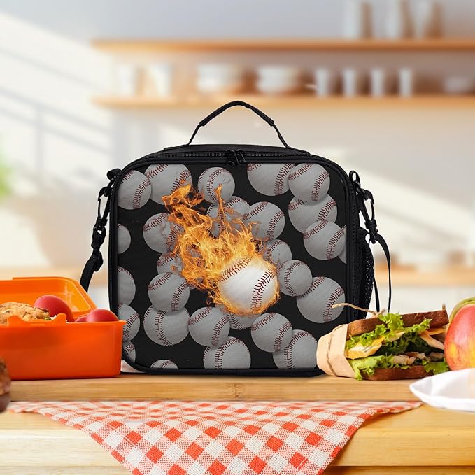 Fire Baseball Sport Pattern Lunch Bag Fire Sport Black Lunch Boxes for Women/Man Office Work Travel School Work Picnic Durable Reusable Insulated Large Lunch Tote Bag with Adjustable Shoulder Strap