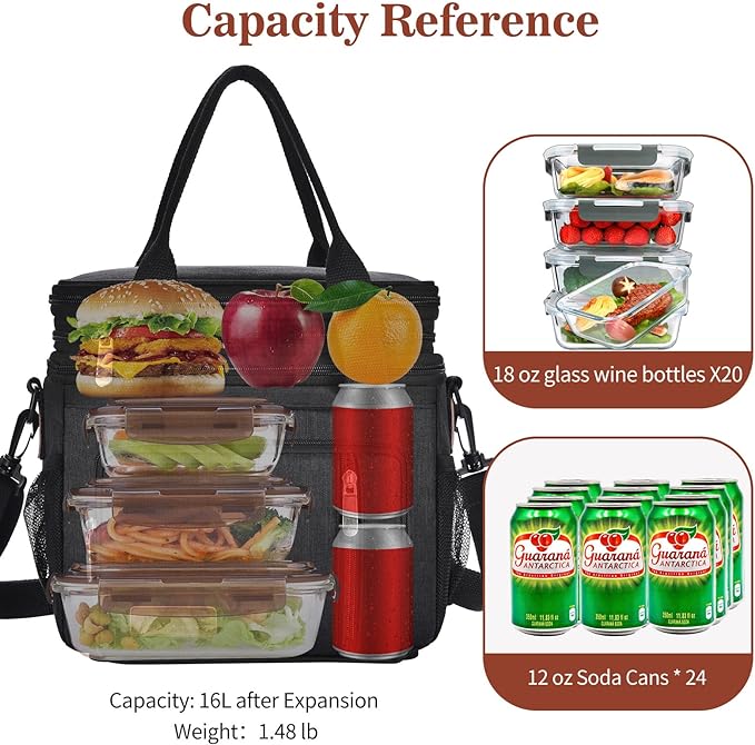 LOKASS Lunch Bag for Women/Men Work, 16L Expandable Double Deck Lunch box, Waterproof Leak-proof Cooler Bag, Portable Meal Prep Lunchbag with Adjustable Shoulder Strap-Black