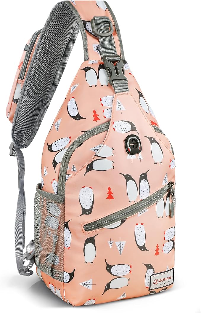 ZOMAKE Sling Bag, Penguin Pink, Nylon, 5 Separate Compartments, 10" iPad Compartment, Anti-Theft, Adjustable Reversible Shoulder Strap, Water Resistant