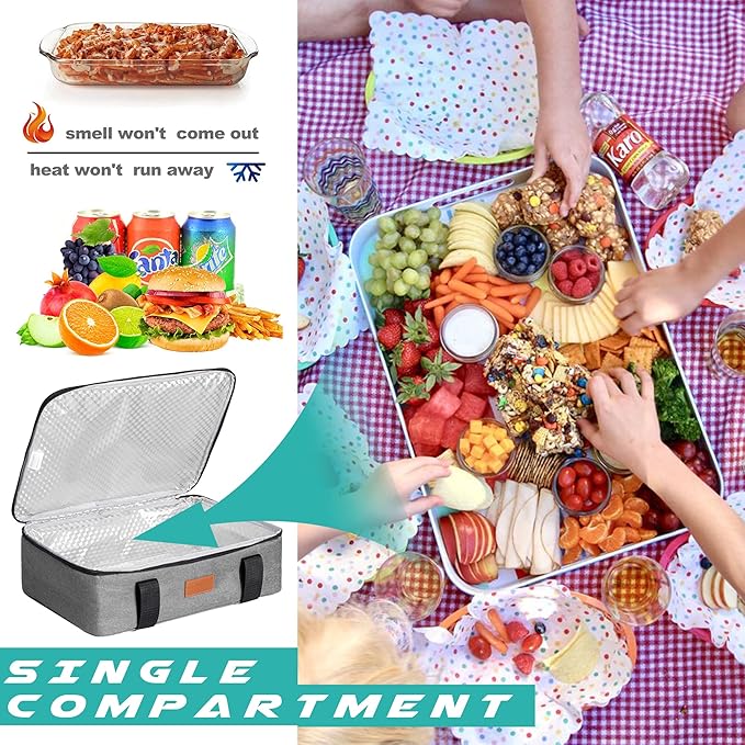 Lunch Bag Insulated Thermal Food Carrier Insulated Casserole Carrier for Hot or Cold Food,Insulated Tote Bag for Potluck Cookouts Parties Picnic, Lasagna Lugger,Fits 9"x13" Baking Pan,Gray
