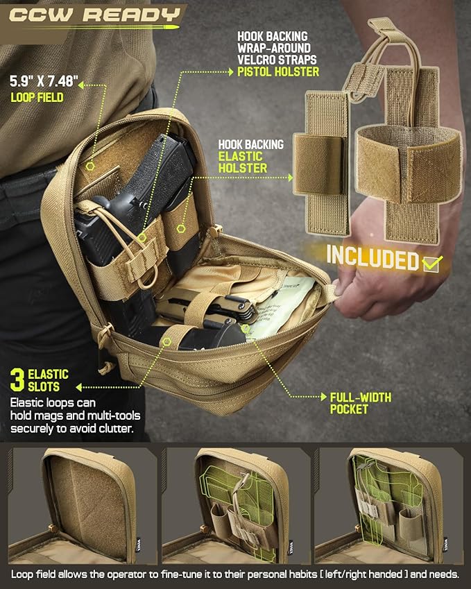WYNEX Molle Admin Pistol Pouch for Concealed Carry, Tactical EDC Belt Pouch Gun Bag Utility Tool EMT Organizer Pouch Medical CCW with Universal Pistol/Elastic Holster