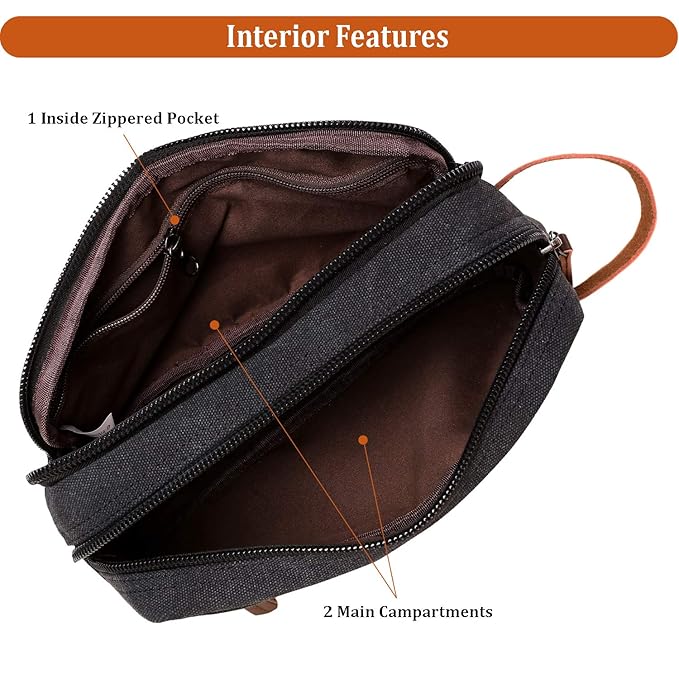 Mactso Mens Travel Toiletry Bag Canvas Leather Cosmetic Makeup Organizer Shaving Dopp Kits with Double Compartments (Black)
