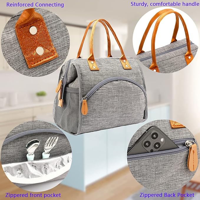 FlowFly Insulated Lunch Bag Wide-Open Lunch Box Large Tote Leakproof Cooler with Drink Holder and Multi Pockets for Women Men Adult Kids Work Picnic Travel Beach Hiking, Grey