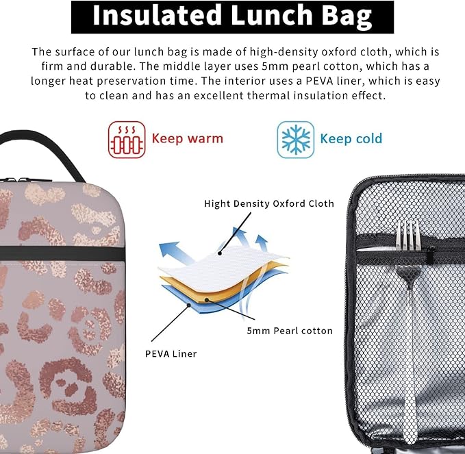 Rose Gold Leopard Lunch Box Reusable Insulated Lunch Bag Thermal Cooler Tote For Boys Girls Teen School Men Women Picnic Travel Hiking