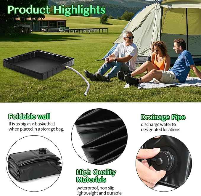 Foldable Camping Shower Base 41"x41"x5" with Drain Pipe, Indoor/Outdoor Portable Shower Pan for Camping Tents, RVs, and More, Includes Storage Bag