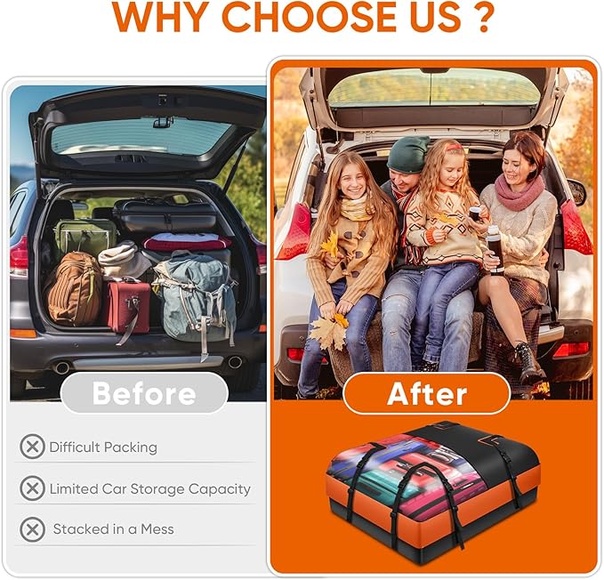 Car Rooftop Waterproof Bag,20 Cubic Feet Large Capacity Waterproof Car Rooftop Cargo Carrier Roof Bag for All Vehicle with/Without Racks-Anti-Slip Mat,10 Straps,6 Door Hooks,Luggage Lock