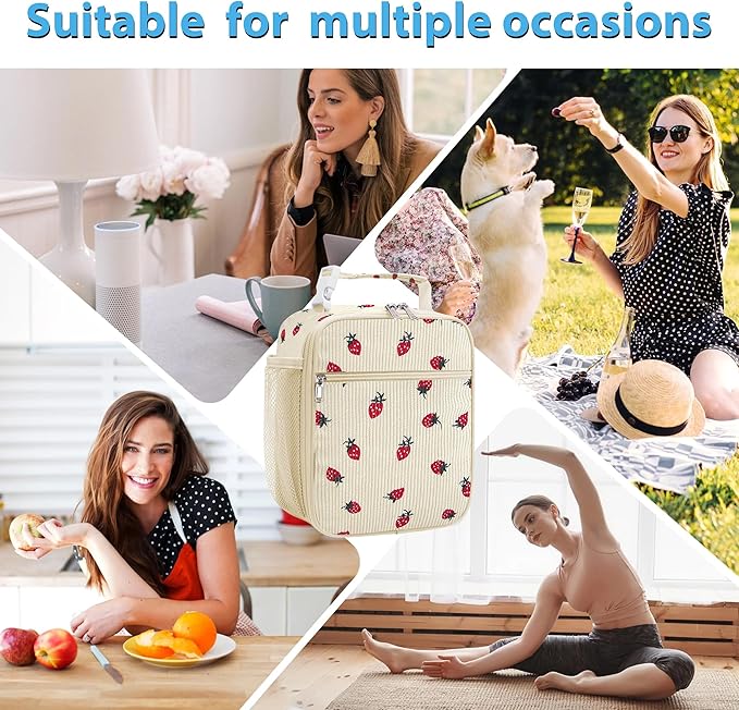 RLGPBON Cute Insulated Lunch Bags for Women and Teen Girls, Corduroy Lunch Tote Bags Reusable Lunch Box, Large Capacity Cooler Tote Bag for Work Picnic or Travel