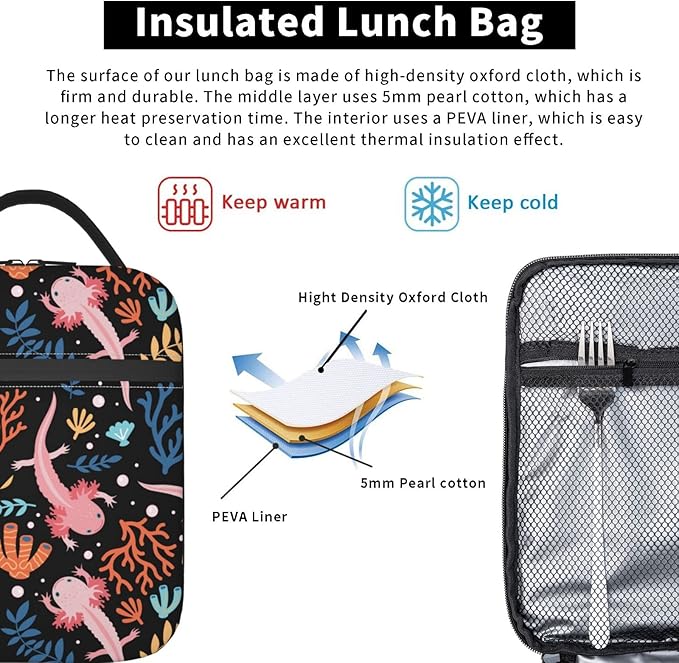 Axolotl Lunch Box Reusable Insulated Lunch Bag Thermal Cooler Tote For Boys Girls Teen School Men Women Picnic Travel Hiking