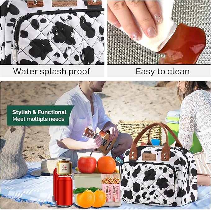 Buringer HOMESPON Lunch Bag for Woman Man Adults with Front Pocket Insulated Lunch Tote Lunch Box Container for Work Picnic or Travel（Cow）