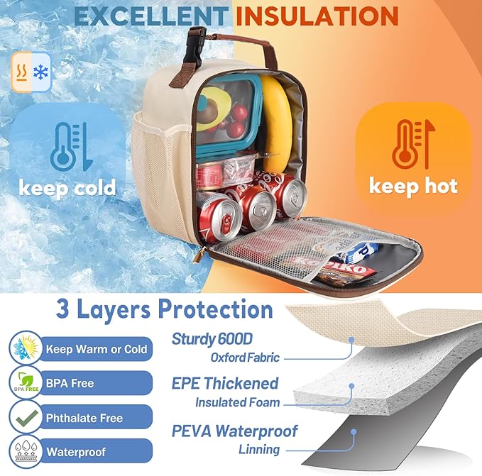 Lunch Bag for Women Men Girls Teens Insulated Leakproof LunchBox for Adult Reusable Lunch Box with Bottle Holder for Work Office School Travel Picnic-Gray/White