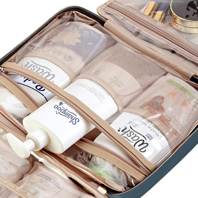 NISHEL Travel Toiletry Bag for women, Portable Hanging Organizer for Full-Sized Shampoo, Conditioner, Brushes Set, Makeup Accessories, Large Size, Lake-Blue