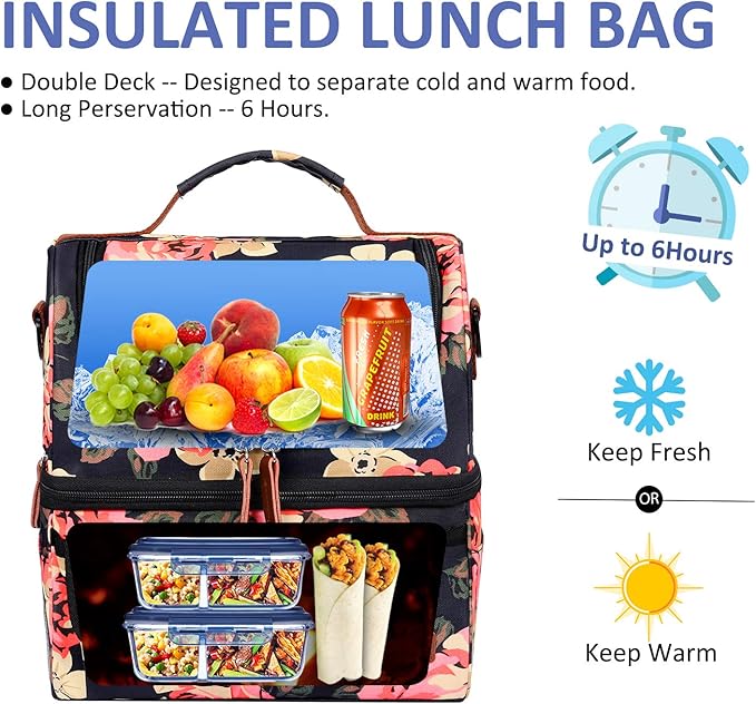 LOKASS Lunch Bag Women Double Deck Insulated Lunch Box Large Cooler Tote Bag with Removable Shoulder Strap Wide Open Thermal Meal Prep Lunch Organizer Box for Adults Work/Outdoor, Black Peony