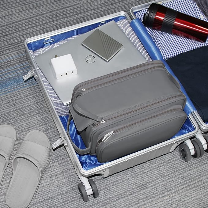 Buruis Extra Large Toiletry Bag for Men, Travel Toiletry Organizer Dopp Kit Water-resistant Shaving Bags, PU Leather Cosmetic Bathroom Shower Bag for Toiletries, Grooming, Accessories (Grey)