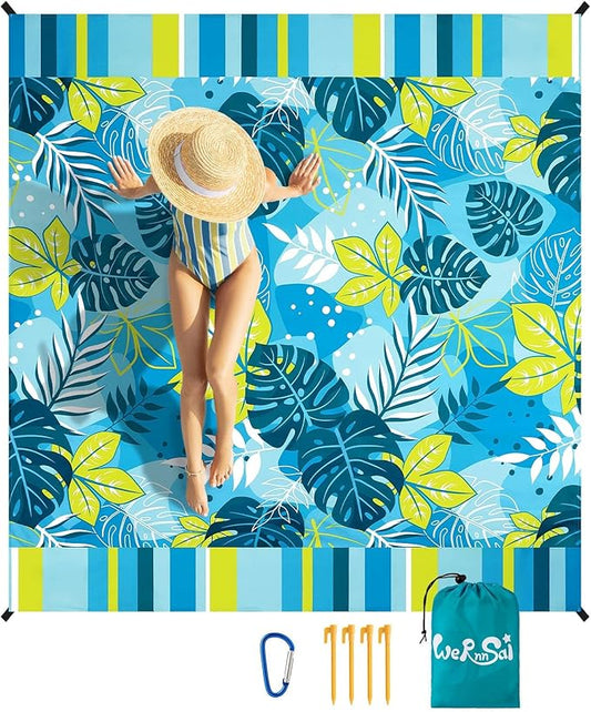 WERNNSAI Beach Blanket Waterproof Sandproof - Extra Large Beach Mat 79" x 83" Sand Free with 4 Stakes Pockets Quick Dry Lightweight Blue Plant Pattern Picnic Mat for Beach Party Camping