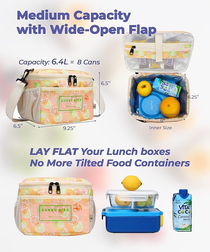 SUNNY BIRD Foldable Insulated Lunch Bag Leakproof Thermal Lunch Box for Women Men Teen with Shoulder Strap (Grapefruit Pink)