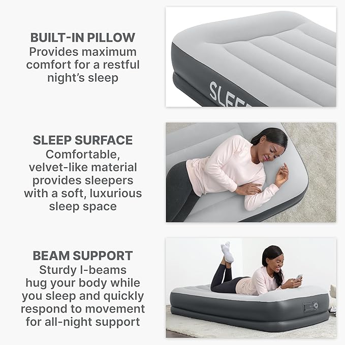 SleepLux Durable Inflatable Air Mattress with Built-in Pump, Pillow and USB Charger