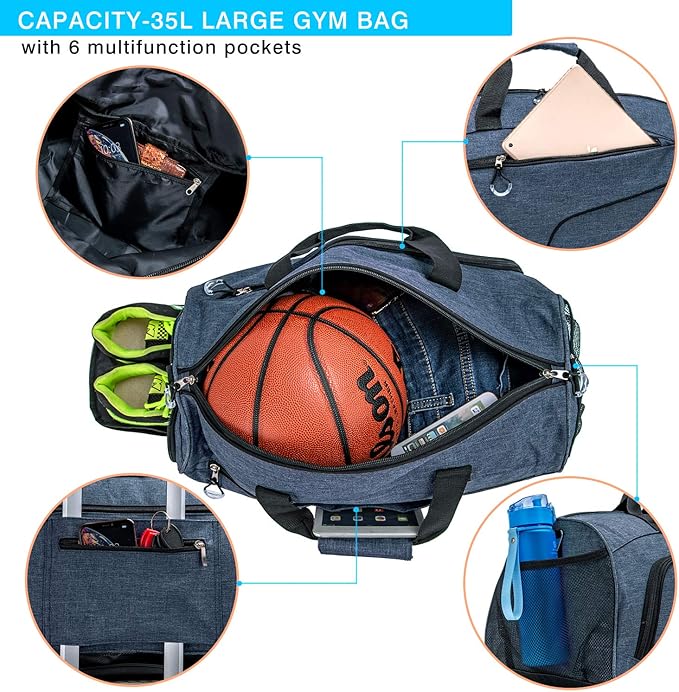 Kuston Sports Gym Bag with Shoes Compartment &Wet Pocket Gym Duffel Bag Overnight Bag for Men and Women(Blue)