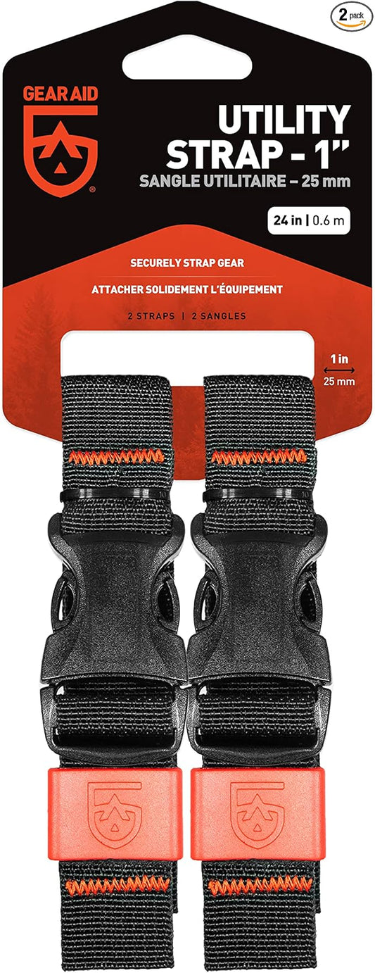 GEAR AID Utility Straps with Side-Release Buckle, Secure and Compress Camping, Biking, Hunting, Boating Gear, Multiple Sizes 1" x 24"