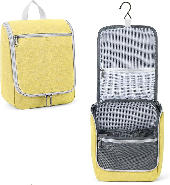 Travel Hanging Toiletry bag for Men & Women, Water-resistant Sturdy Nylon Toiletries Organizer for Cosmetics, Makeup Brushes, Shaving Tools, Bathroom Bag, Yellow