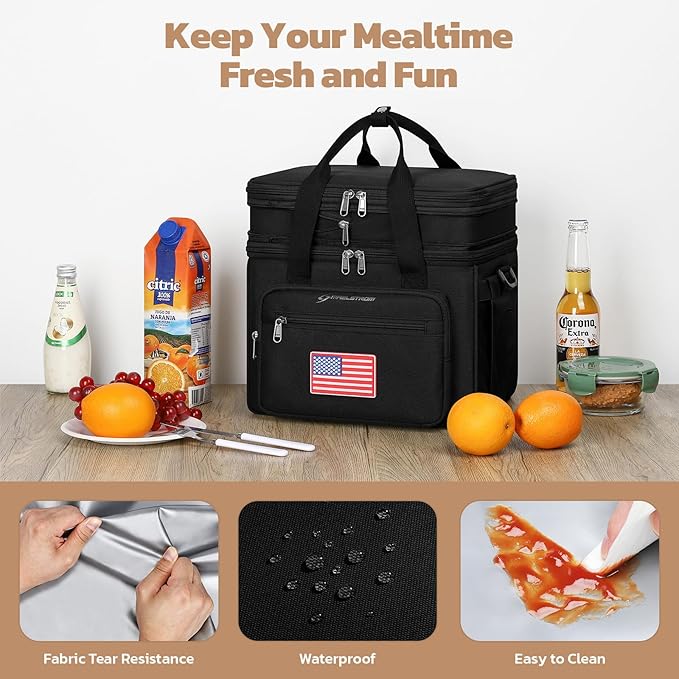 Maelstrom Tactical Lunch Box for Men, 23L Insulated Lunch Bag, Expandable Double Deck Cooler Bag, Lightweight Leakproof Tote Bag With Side Tissue Pocket, Suit For Men and Women, Black