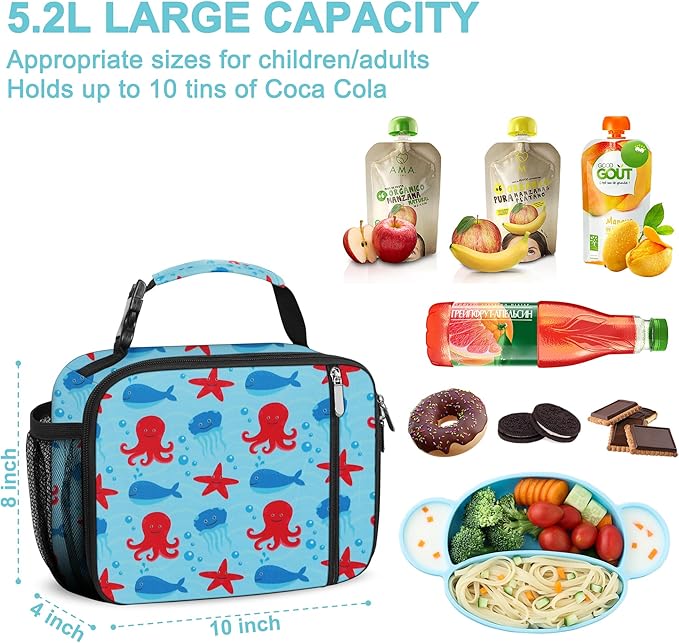 esouler Lunch Box Kids Insulated Lunch Bag for Boys & Girls Durable Children Lunchbox for School with Water Bottle Holder-Octopus