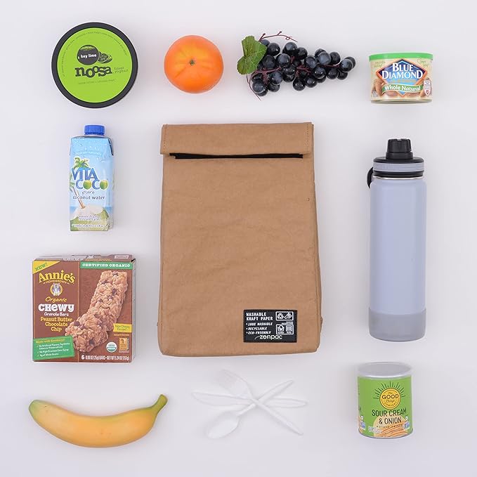 ZENPAC Small Brown Lunch Bag, Reusable & Washable Kraft, Leakproof Sack for Work, School, Picnic, Food, Beverages, Snacks, Travel, 8.5x4.5x12