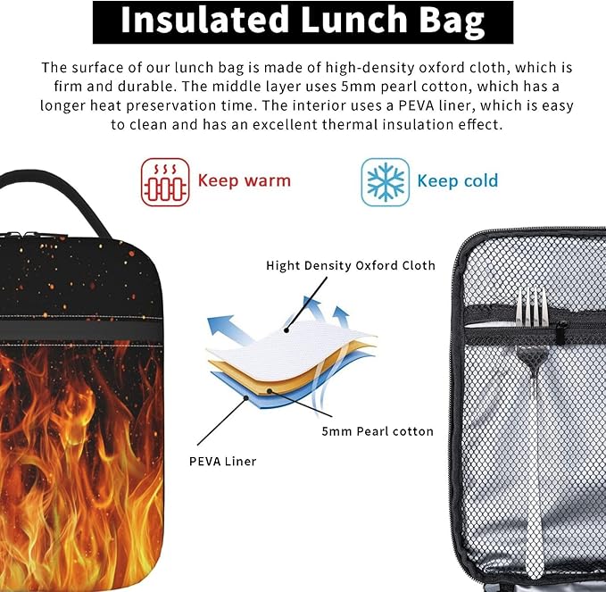 Fire Lunch Bag Insulated Reusable Lunch Box Thermal Cooler Tote For Men Women Work Travel Picnic Hiking