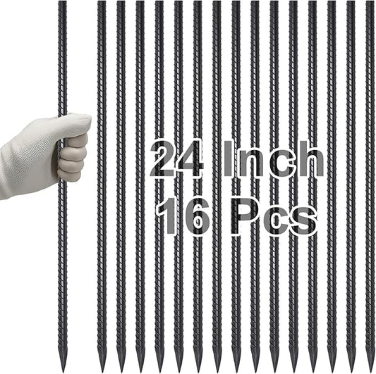 VVOKGO Rebar Stakes 24 Inch Ground Straight Rebar Stakes (16pcs), Heavy Duty Ground Anchors, 3/8" Diameter Steel Plant Support Garden Stake with Chisel Point End, Hammer Through Hard Soil for Camping