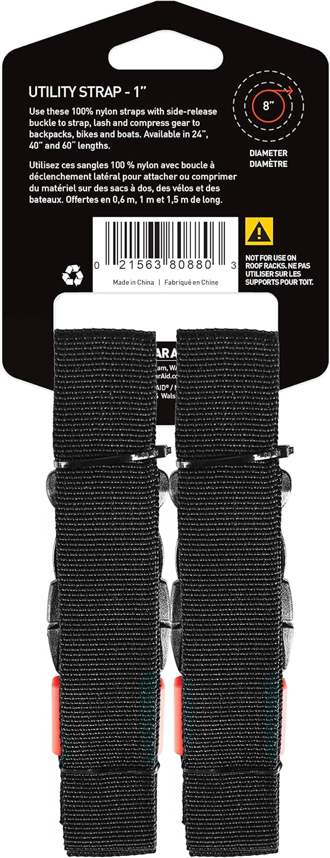 GEAR AID Utility Straps with Side-Release Buckle, Secure and Compress Camping, Biking, Hunting, Boating Gear, Multiple Sizes 1" x 24"