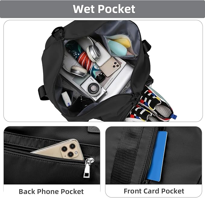 Skycase Gym Bags for Men - Duffle Bag Women - Gym Bag with Shoe Compartment for Fitness, Sports - Wet and Dry Bag, Waterproof Backpack for Swimming, Yoga, Travel (Black)