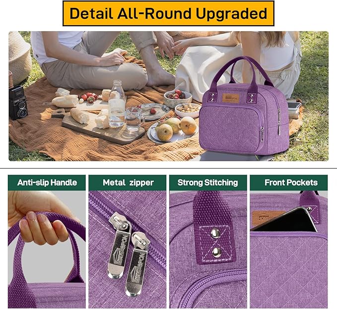 Buringer HOMESPON Lunch Bag for Woman Man Adults with Front Pocket Insulated Lunch Tote Lunch Box Container for Work Picnic or Travel（Purple）