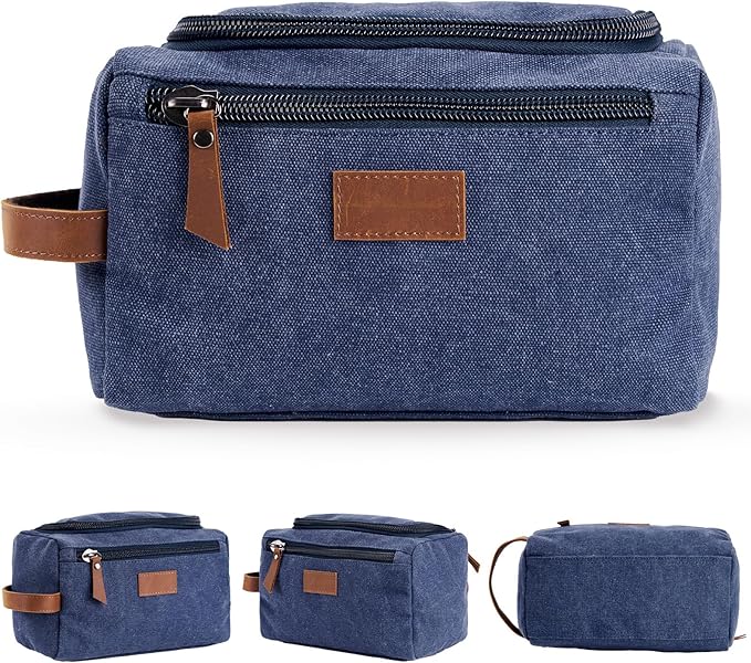 Men's Canvas Toiletry Bag, Large Capacity Men's Travel Portable Toiletry Bag, Organizer Dopp Kit Leather Accessory, Water-resistant Shaving Pouch, Birthday/Anniversary/Groomsmen Gifts for Him- Blue