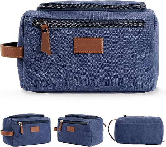 Men's Canvas Toiletry Bag, Large Capacity Men's Travel Portable Toiletry Bag, Organizer Dopp Kit Leather Accessory, Water-resistant Shaving Pouch, Birthday/Anniversary/Groomsmen Gifts for Him- Blue