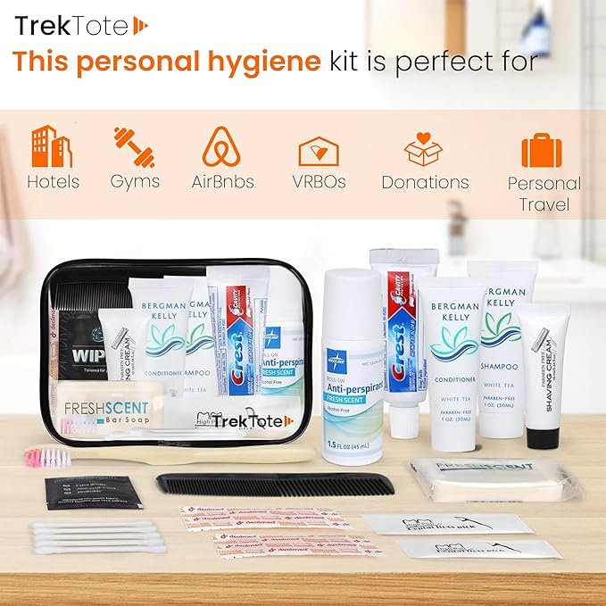 Trektote Travel Toiletry Kit For Men And Women – 15 Piece Set of Travel Size Toiletries, TSA Compliant, Includes Shampoo And Conditioner, Body Wash, Oral Care, Reusable Toiletry Bag & More