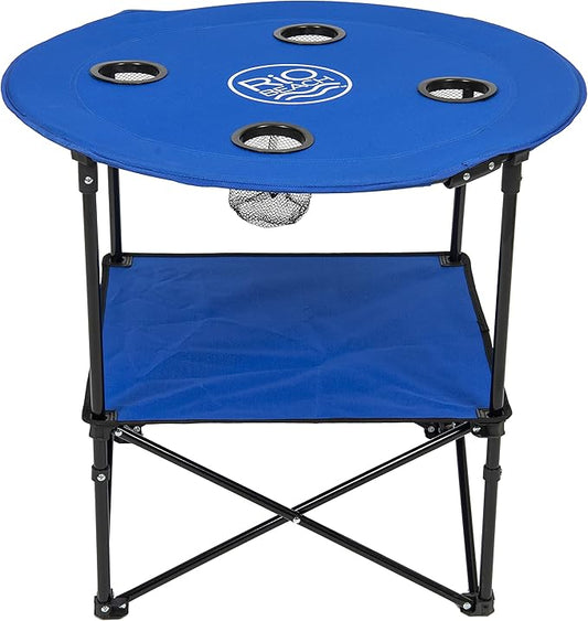 Rio Brands 28" Round Lightweight Fabric Portable Folding Beach Table with Cupholders, Blue