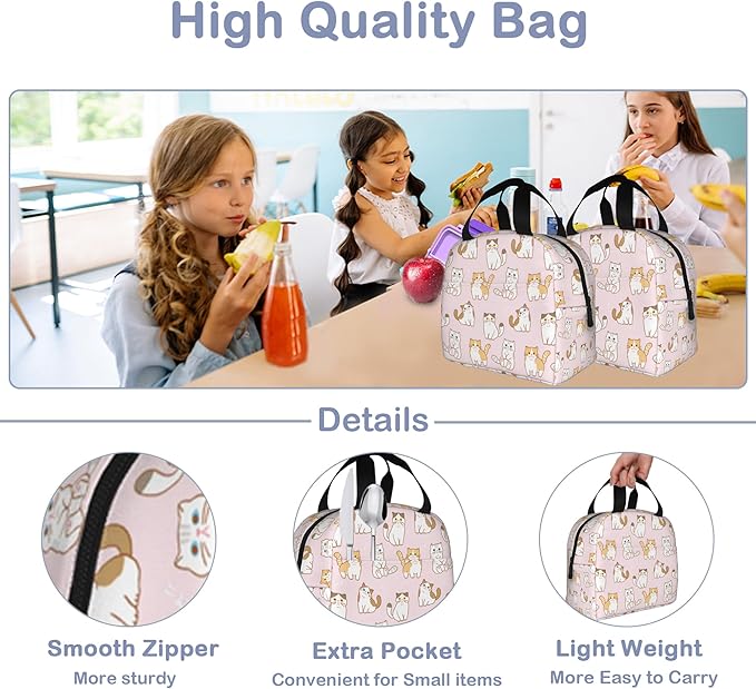 Cute Cartoon Cat Pink Lunch Box,Insulated Lunch Bag for Girls Boys,Reusable Lunch Box for Kids Adults School Student Work Picnic Travel
