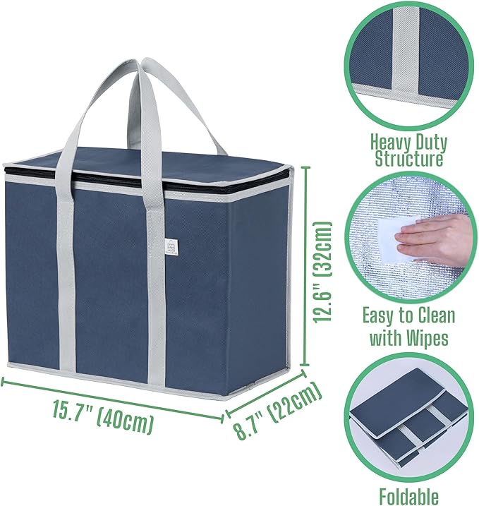 VENO 3 Pack Cooler Bag Insulated Reusable Grocery Shopping Bag, Food Delivery, Heavy Duty, Large Size, Durable Handles, Double Zippers, Lid, Collapsible (Dark Blue, 3 Pack)