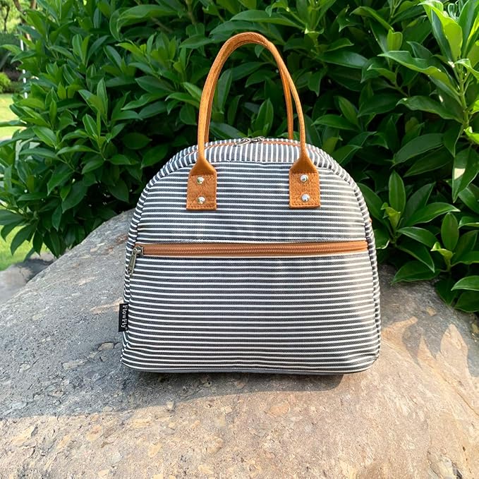 FlowFly Insulated Lunch Bag With Shoulder Strap for Women, Men, and Kids, Large and Reusable, Handle, Freezable Work and School Travel Tote and Meal Prep Organizer,White and Black Stripes