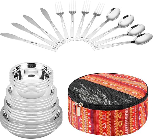 Camping Mess Kits - 28pcs Camping Dinnerware Set Camping Gifts Camping cookware Sets Camping Accessories Camping Cooking Utensils Set Bowls, Plates, Knives, Forks, Spoons